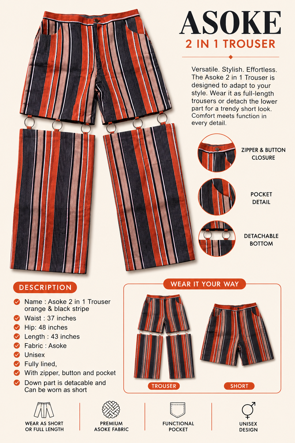 Orange and black Aso Oke trousers with detachable 2-in-1 panels
